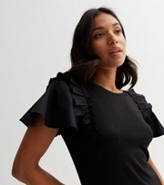 New Look Petite Black Fine Knit Frill Poplin Sleeve T-Shirt